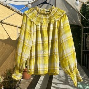 Ann Taylor Yellow Tartan Mock Neck Blouse, M